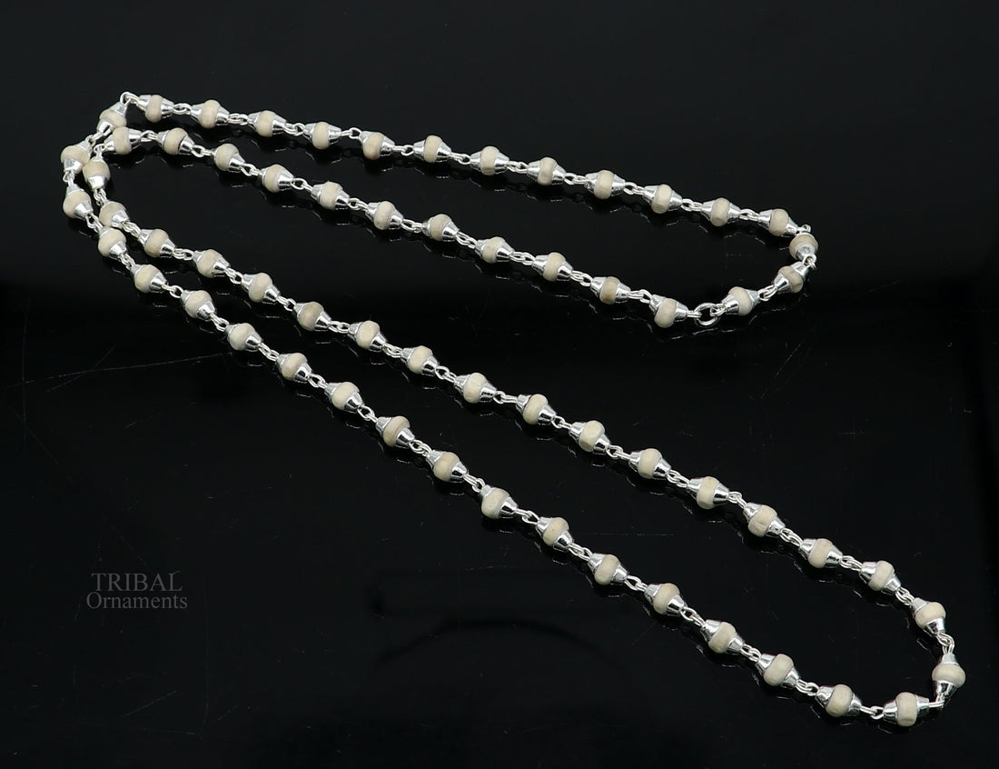23" 4.5mm Sterling silver handmade Solid basil rosary plant wooden beads silver chain necklace tulsi mala use in Ayurveda meditation ch142 - TRIBAL ORNAMENTS