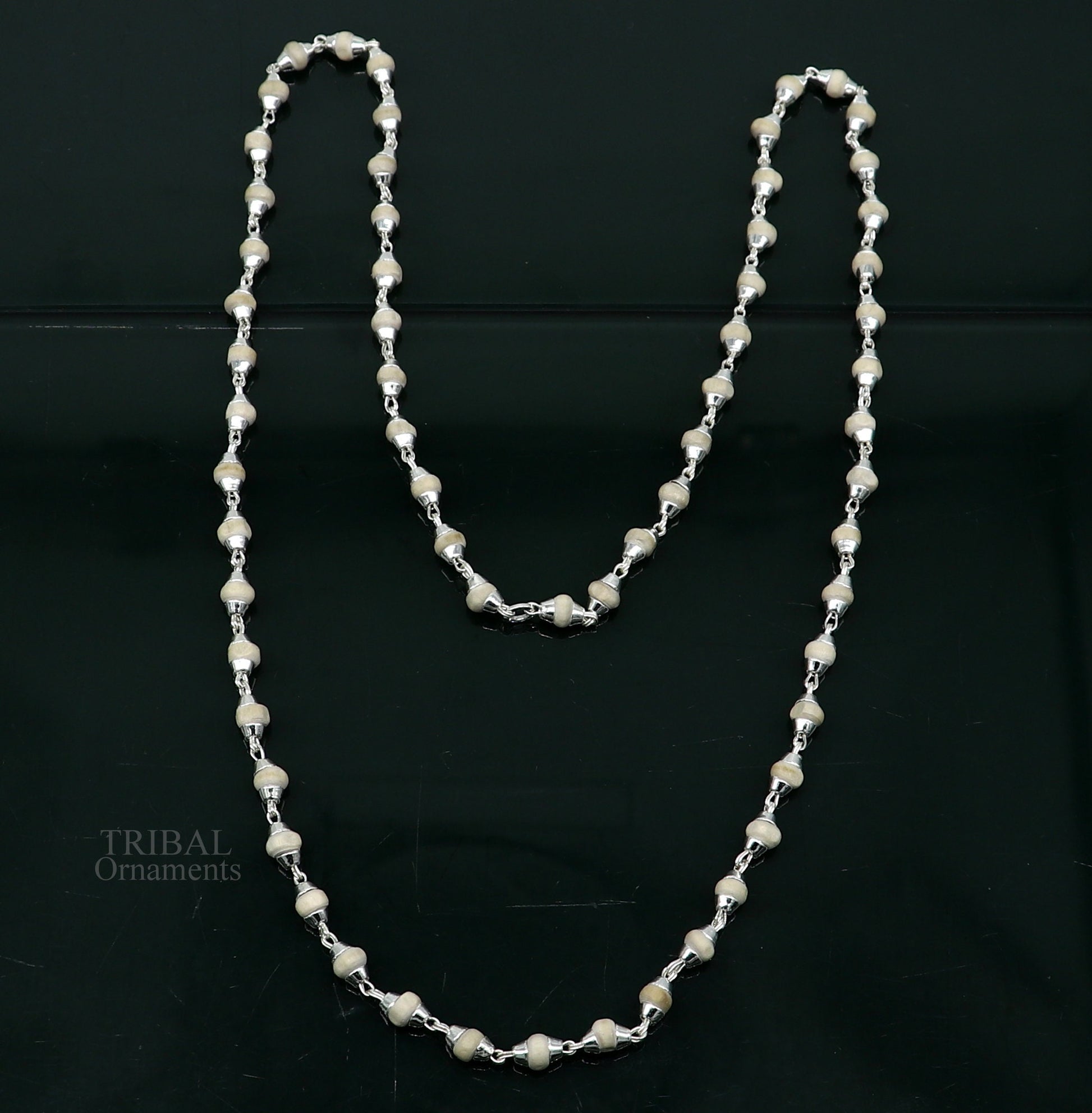 23" 4.5mm Sterling silver handmade Solid basil rosary plant wooden beads silver chain necklace tulsi mala use in Ayurveda meditation ch142 - TRIBAL ORNAMENTS