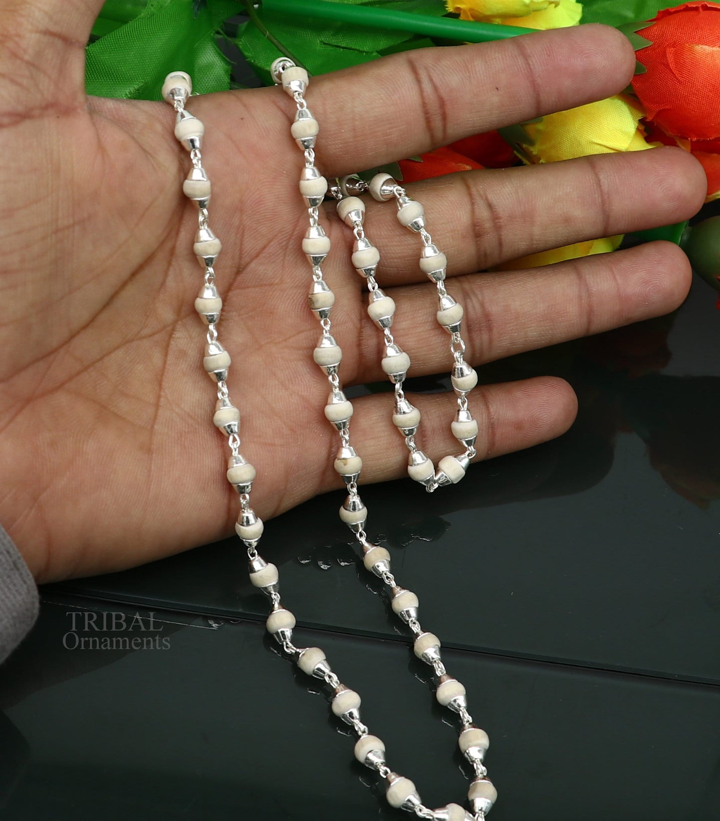 23" 5.5mm Sterling silver handmade Solid basil rosary plant wooden beads silver chain necklace tulsi mala use in Ayurveda meditation ch143 - TRIBAL ORNAMENTS