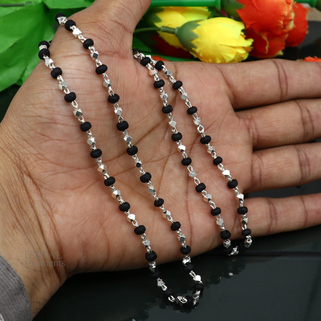 24" 925 sterling silver black holy basil rosary wooden beads 4mm solid chain necklace, excellent unisex stylish necklace from india ch144 - TRIBAL ORNAMENTS