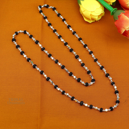 24" 925 sterling silver black holy basil rosary wooden beads 4mm solid chain necklace, excellent unisex stylish necklace from india ch144 - TRIBAL ORNAMENTS