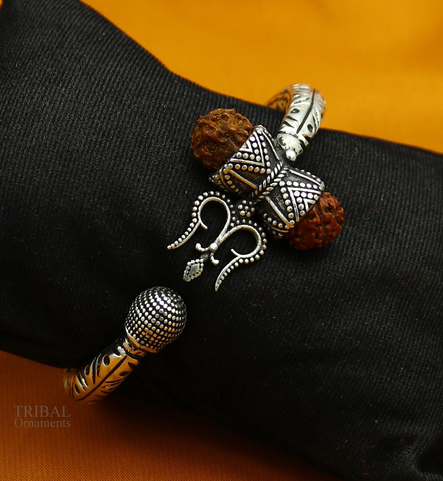 925 Sterling silver handmade chitai work Lord Shiva trident trishul kada bangle bracelet with natural Rudraksha customized kada nsk422 - TRIBAL ORNAMENTS