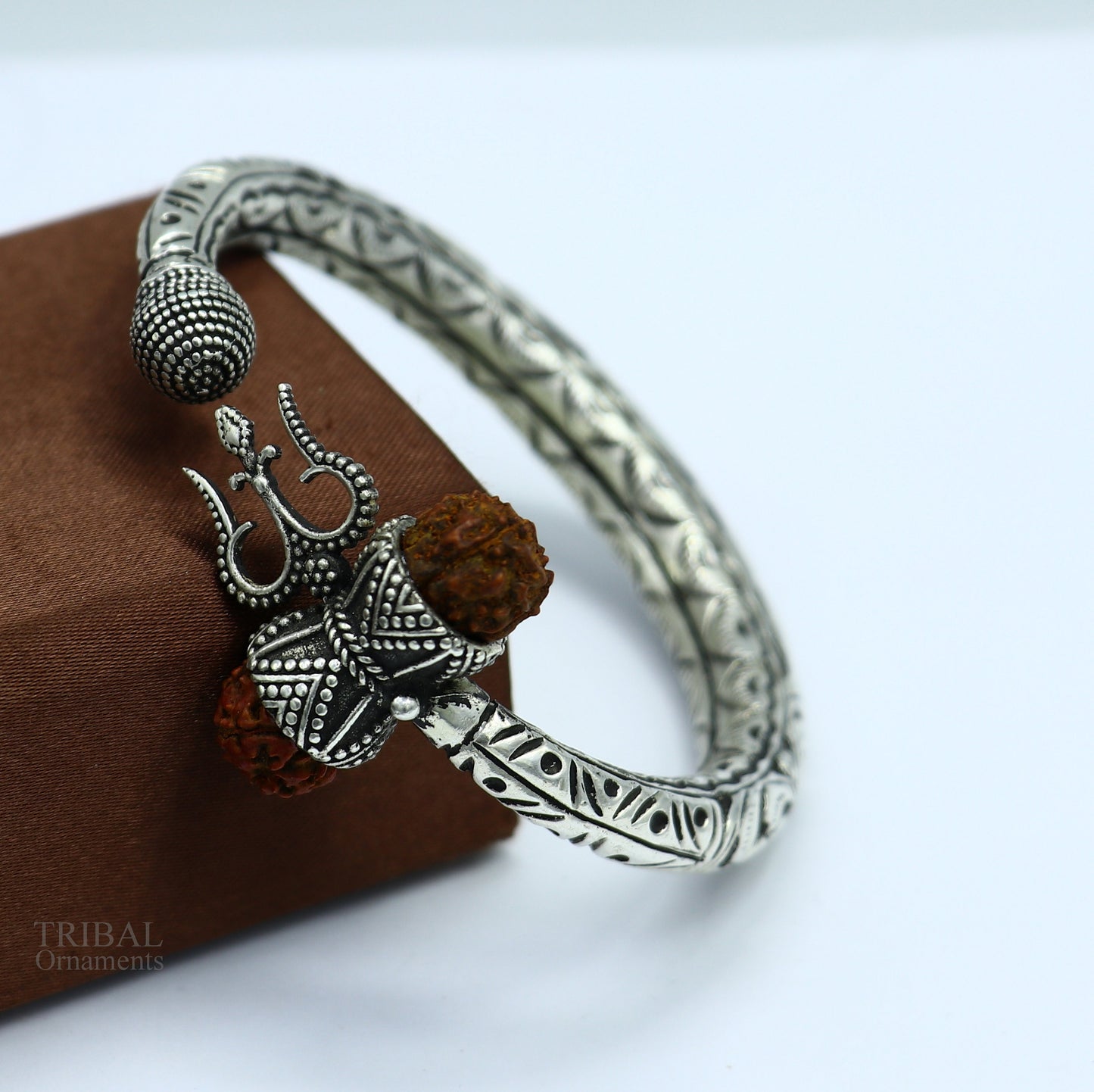 925 Sterling silver handmade chitai work Lord Shiva trident trishul kada bangle bracelet with natural Rudraksha customized kada nsk422 - TRIBAL ORNAMENTS