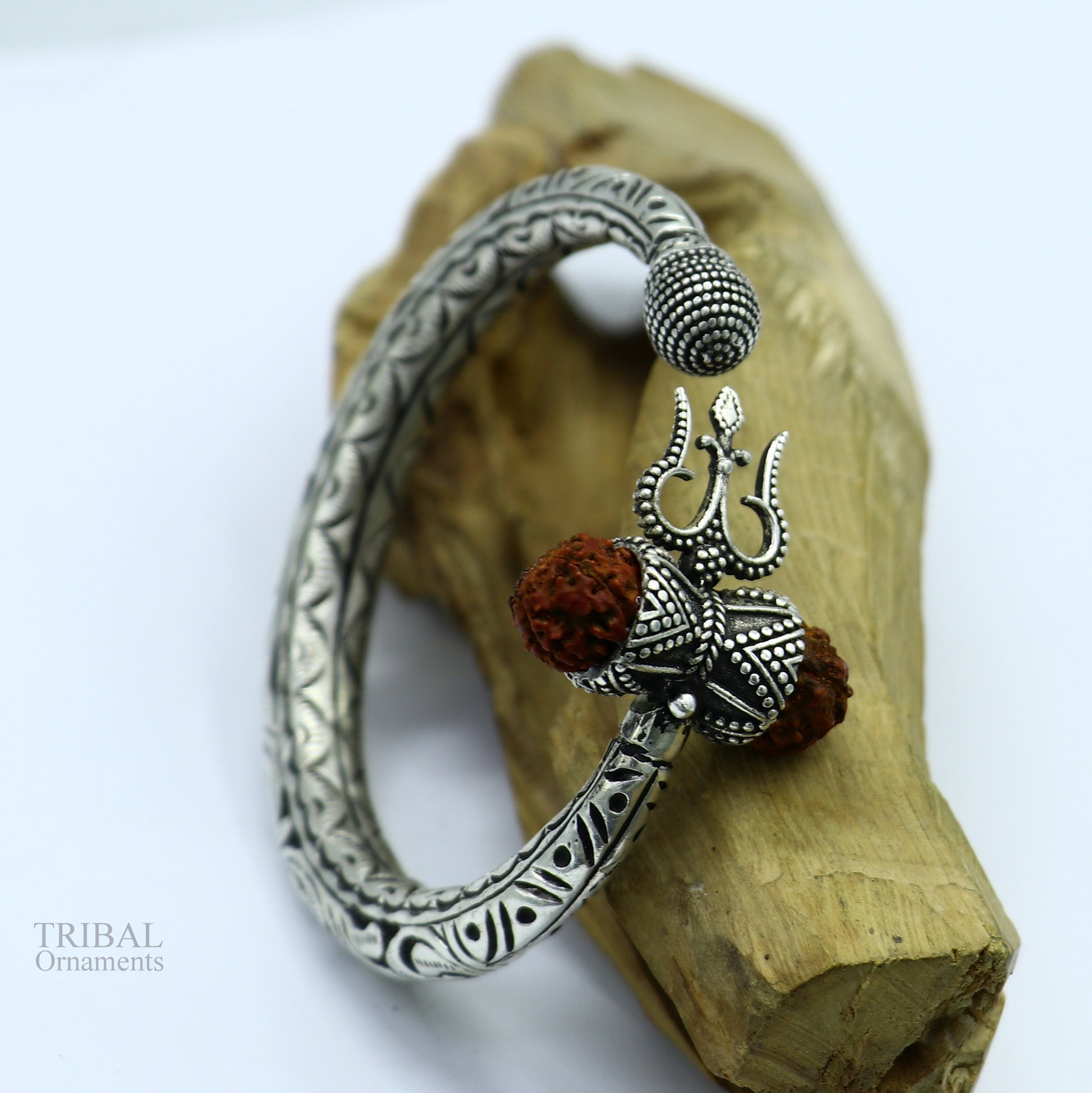 925 Sterling silver handmade chitai work Lord Shiva trident trishul kada bangle bracelet with natural Rudraksha customized kada nsk422 - TRIBAL ORNAMENTS