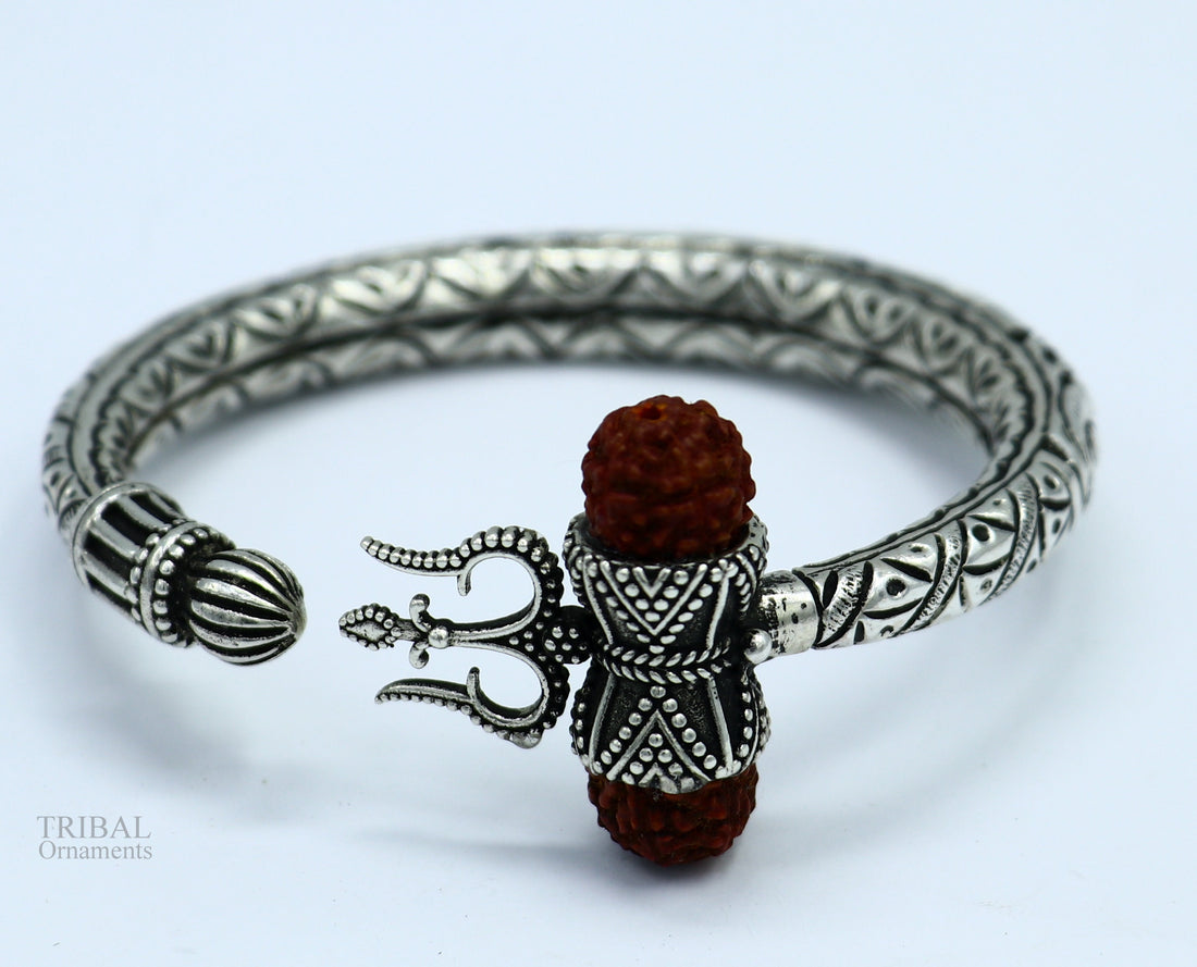 925 Sterling silver handmade chitai work Lord Shiva trident trishul kada bangle bracelet with Rudraksha beads customized kada bangle nsk423 - TRIBAL ORNAMENTS