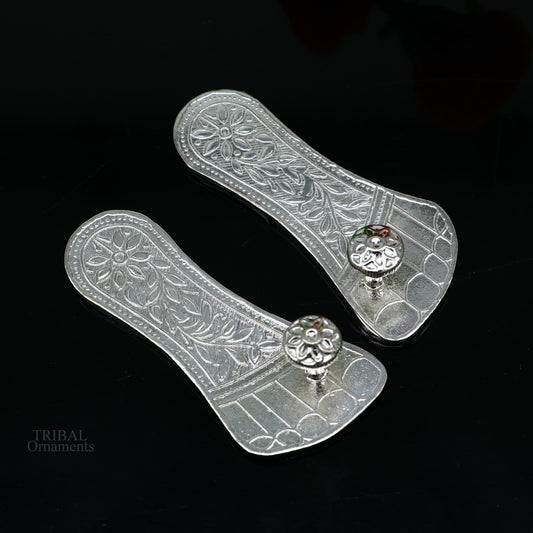 3" Solid sterling silver handmade Charan paduka or slippers for idol krishna, laddu gopala, little krishna or Vshnu Narayana puja art su637 - TRIBAL ORNAMENTS