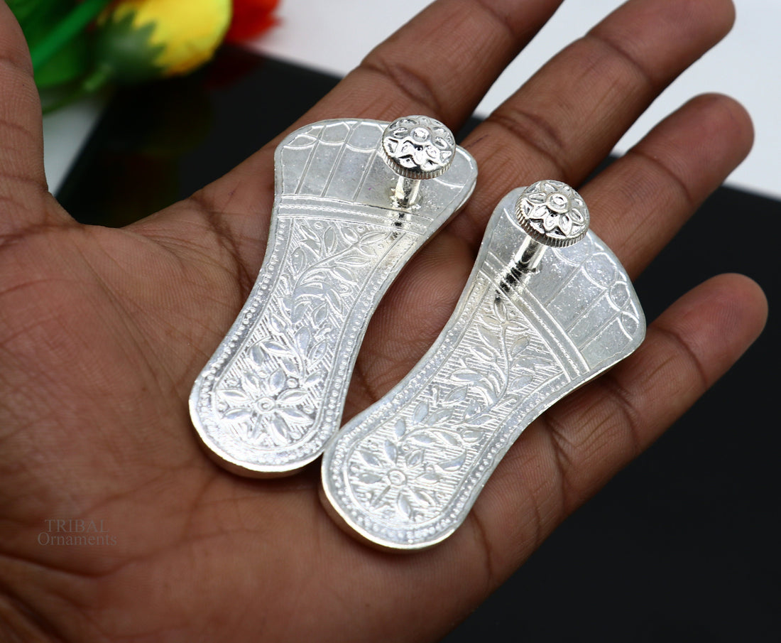 3" Solid sterling silver handmade Charan paduka or slippers for idol krishna, laddu gopala, little krishna or Vshnu Narayana puja art su637 - TRIBAL ORNAMENTS