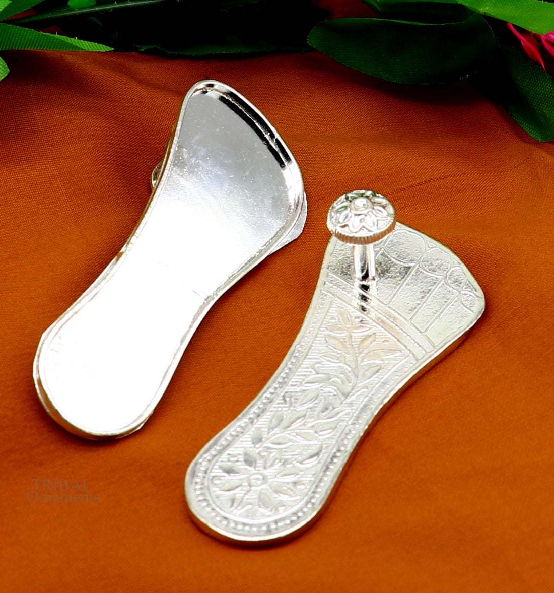 3" Solid sterling silver handmade Charan paduka or slippers for idol krishna, laddu gopala, little krishna or Vshnu Narayana puja art su637 - TRIBAL ORNAMENTS