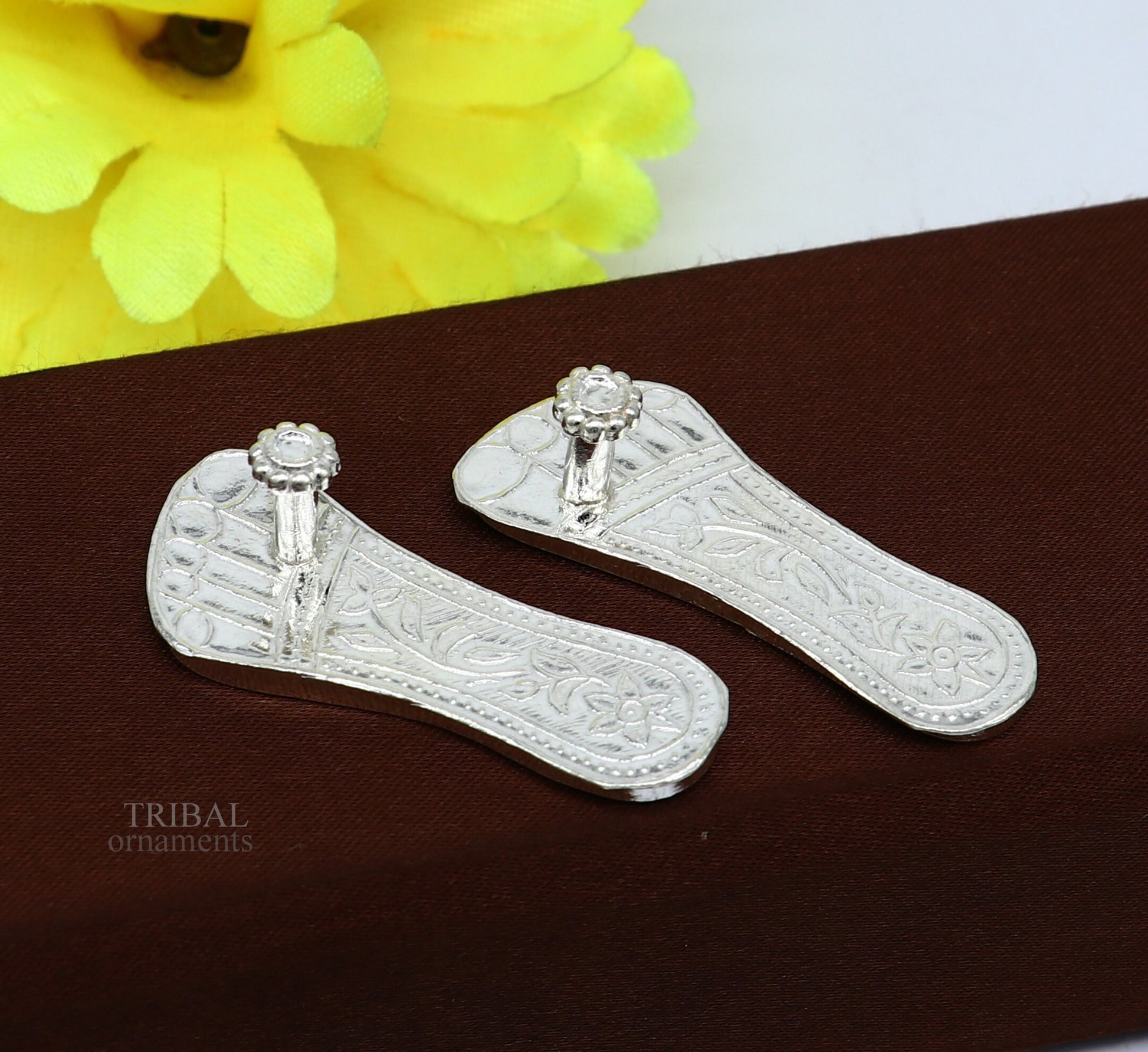 2.3" sterling silver handmade Charan paduka or slippers for idol krishna, laddu gopala, little krishna or Vshnu Narayana puja art su642 - TRIBAL ORNAMENTS
