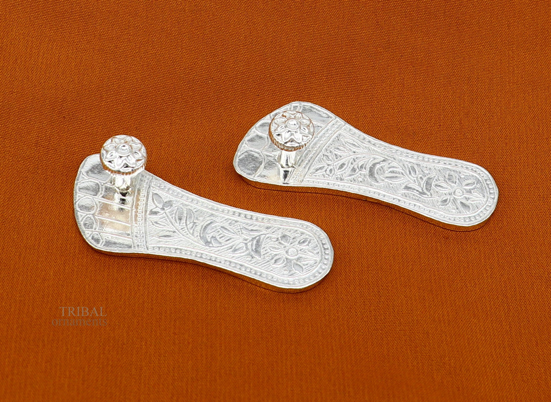 2.3" sterling silver handmade Charan paduka or slippers for idol krishna, laddu gopala, little krishna or Vshnu Narayana puja art su642 - TRIBAL ORNAMENTS