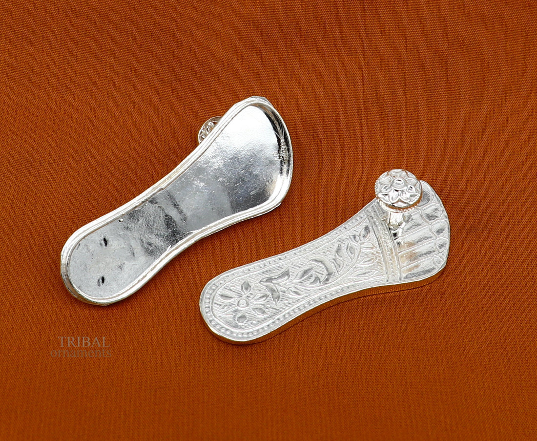 2.3" sterling silver handmade Charan paduka or slippers for idol krishna, laddu gopala, little krishna or Vshnu Narayana puja art su642 - TRIBAL ORNAMENTS