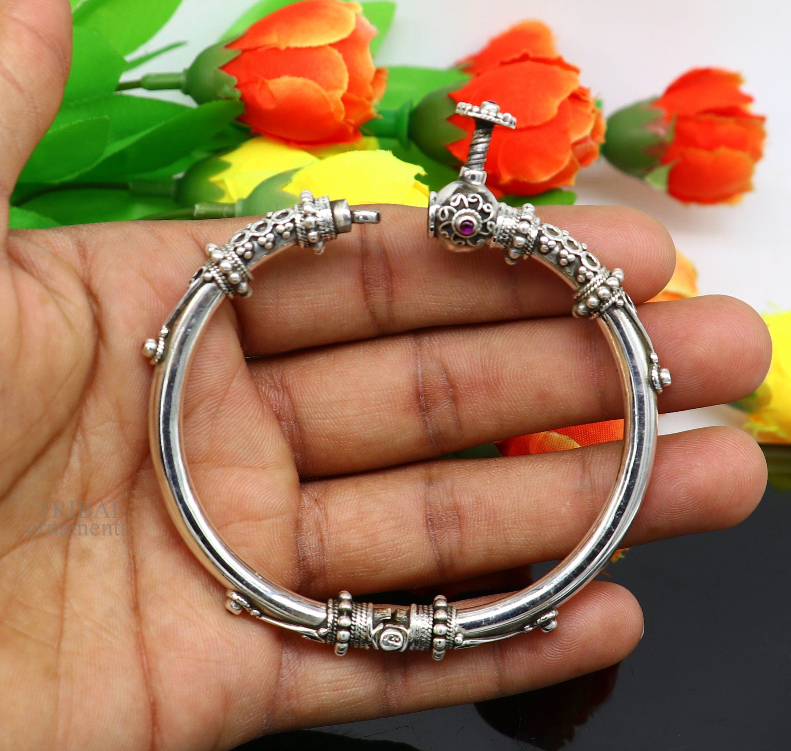 925 Sterling silver handmade Indian traditional vintage design customized  tribal ethnic belly dance bangle bracelet gifting kada nsk437  TRIBAL  ORNAMENTS