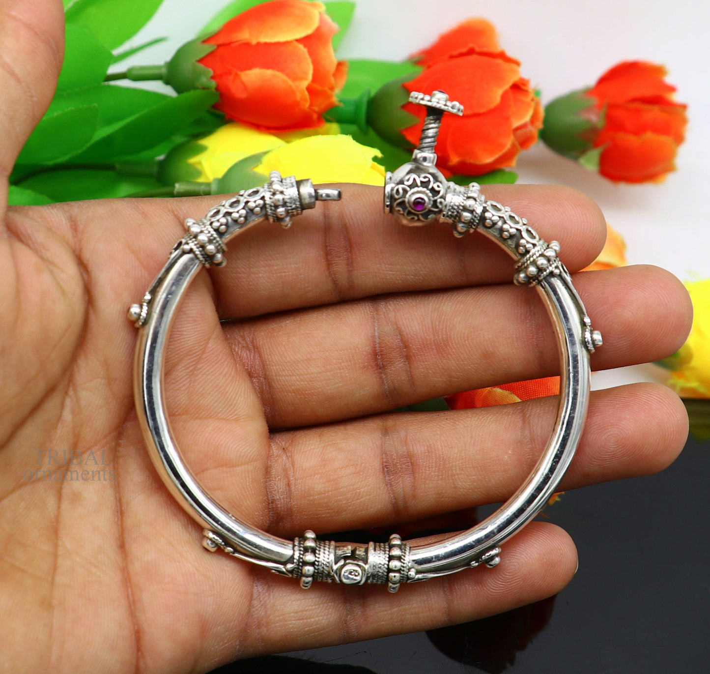 925 Sterling silver handmade Indian traditional vintage design customized tribal ethnic belly dance bangle bracelet gifting kada  nsk437 - TRIBAL ORNAMENTS