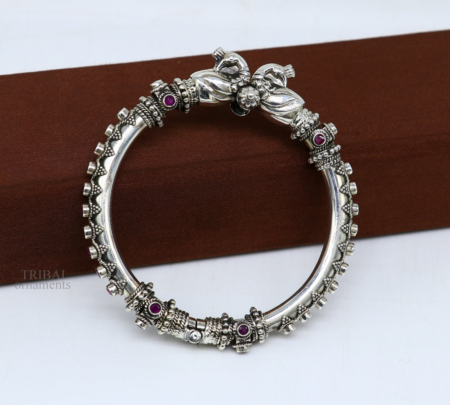 925 Sterling silver handmade vintage peacock design garnet stone studded tribal ethnic belly dance bangle bracelet gifting kada nsk438 - TRIBAL ORNAMENTS