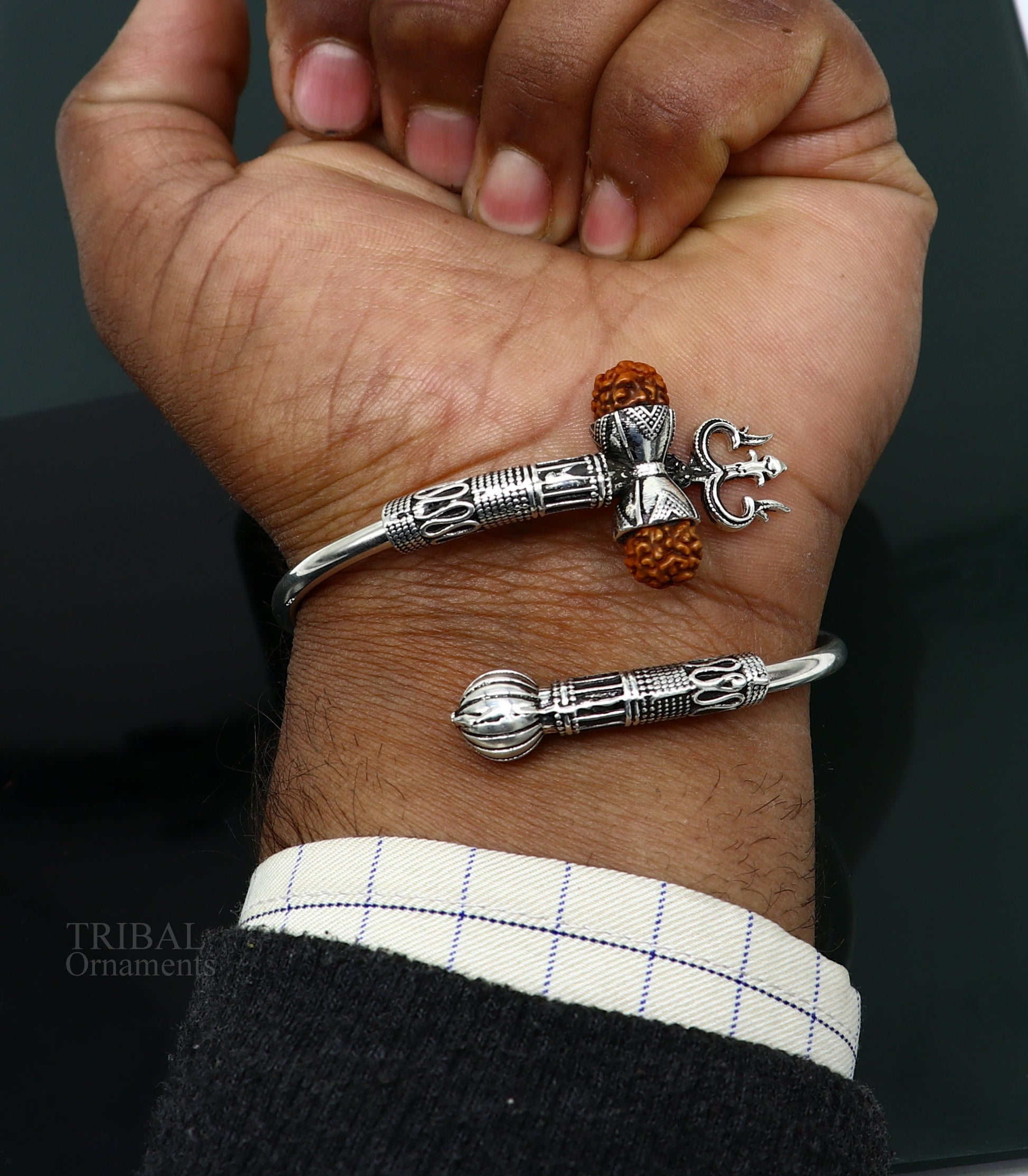925 sterling silver handmade Shiva Trishul bangle bracelet Rudraksha kada, excellent Bahubali trident kada bracelet gift nsk427 - TRIBAL ORNAMENTS