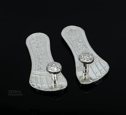 2.5" sterling silver handmade Charan paduka or slippers for idol krishna, laddu gopala, little krishna or Vshnu Narayana puja art su645 - TRIBAL ORNAMENTS