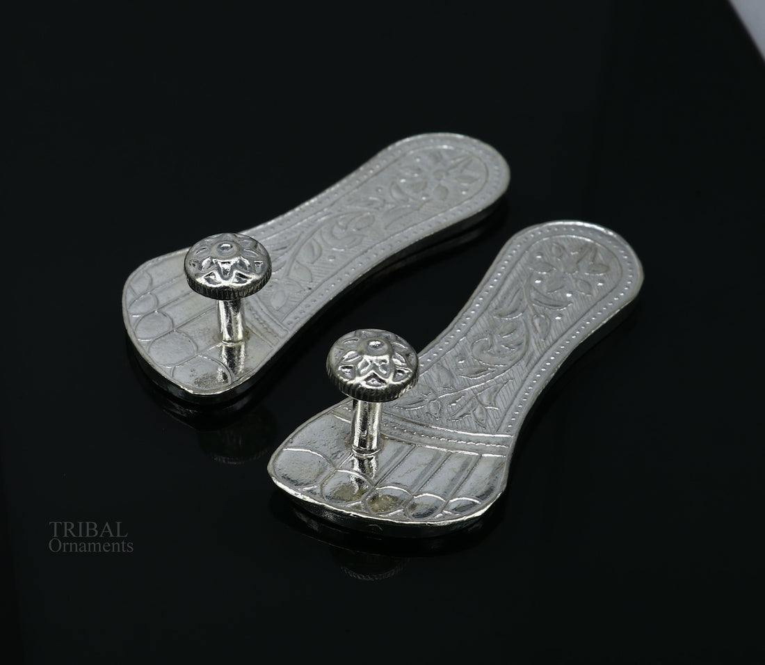 2.5" sterling silver handmade Charan paduka or slippers for idol krishna, laddu gopala, little krishna or Vshnu Narayana puja art su645 - TRIBAL ORNAMENTS