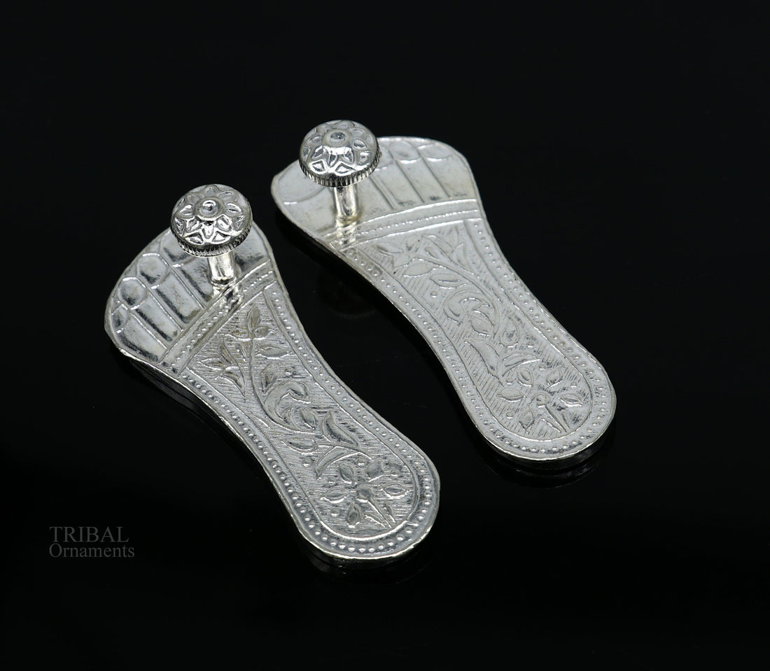 2.5" sterling silver handmade Charan paduka or slippers for idol krishna, laddu gopala, little krishna or Vshnu Narayana puja art su645 - TRIBAL ORNAMENTS