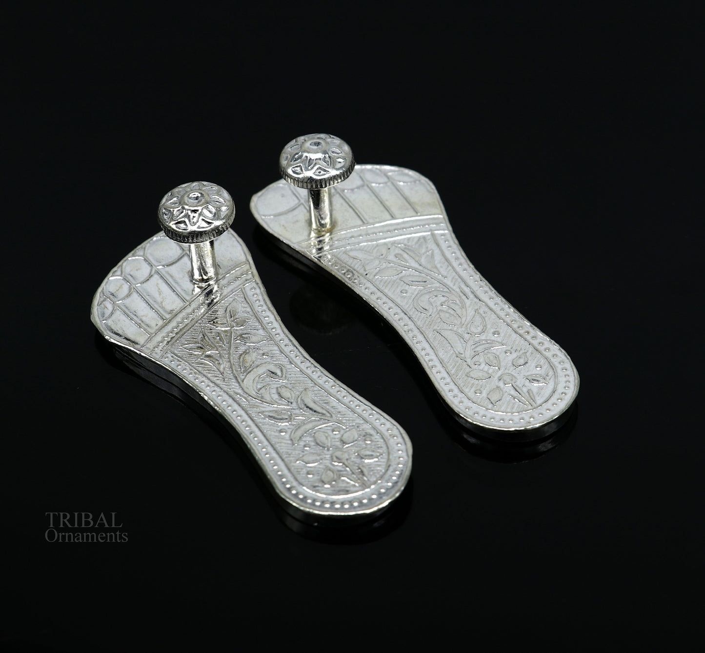 2.5" sterling silver handmade Charan paduka or slippers for idol krishna, laddu gopala, little krishna or Vshnu Narayana puja art su645 - TRIBAL ORNAMENTS