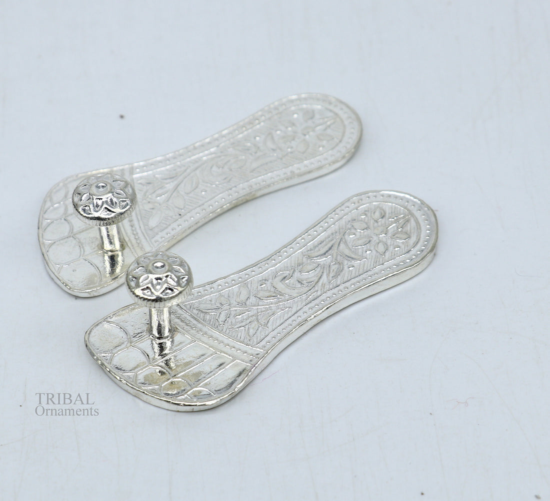 2.5" sterling silver handmade Charan paduka or slippers for idol krishna, laddu gopala, little krishna or Vshnu Narayana puja art su645 - TRIBAL ORNAMENTS