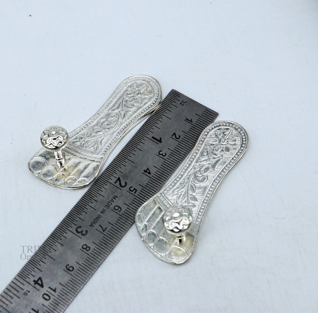 2.5" sterling silver handmade Charan paduka or slippers for idol krishna, laddu gopala, little krishna or Vshnu Narayana puja art su645 - TRIBAL ORNAMENTS