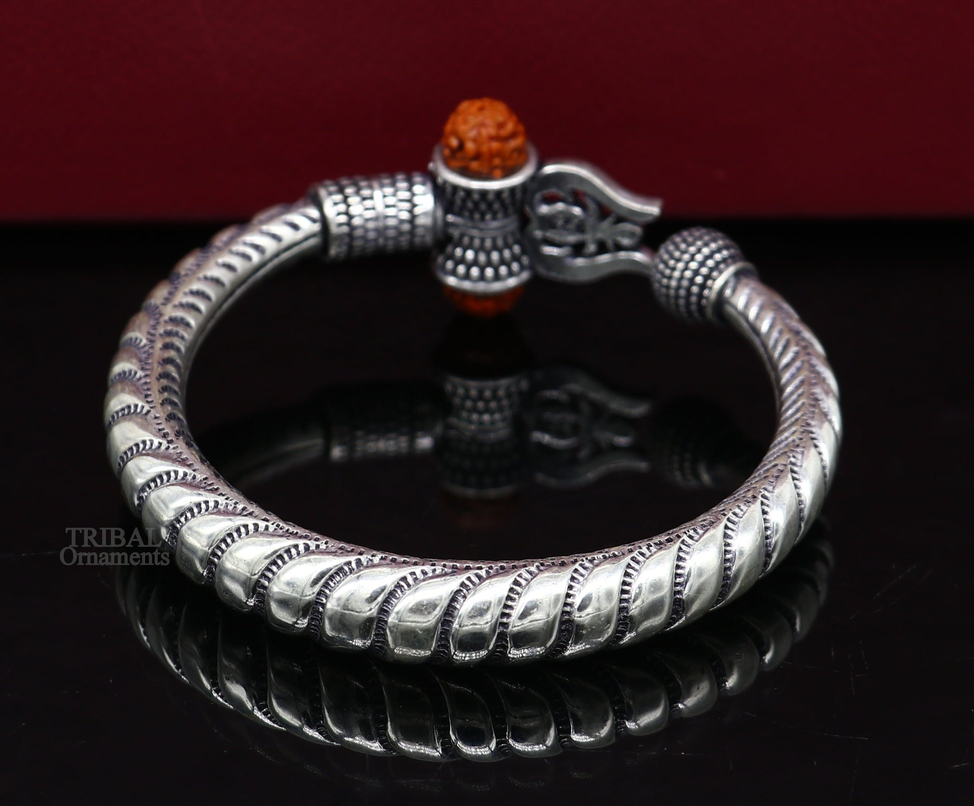 Exclusive 925 Sterling silver handmade chitai work Lord Shiva trident trishul bangle bracelet natural Rudraksha beads customized kada nsk440 - TRIBAL ORNAMENTS