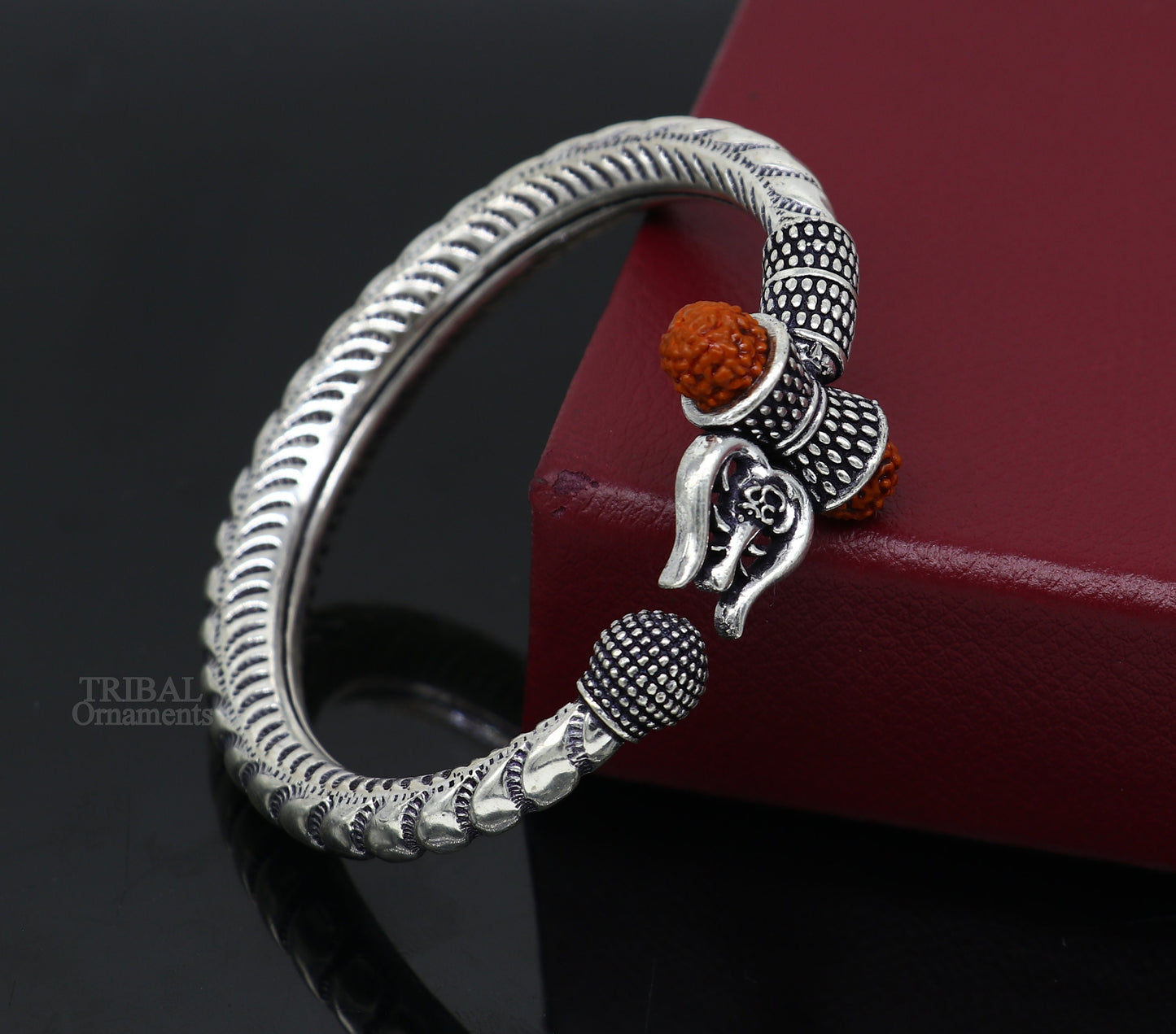 Exclusive 925 Sterling silver handmade chitai work Lord Shiva trident trishul bangle bracelet natural Rudraksha beads customized kada nsk440 - TRIBAL ORNAMENTS
