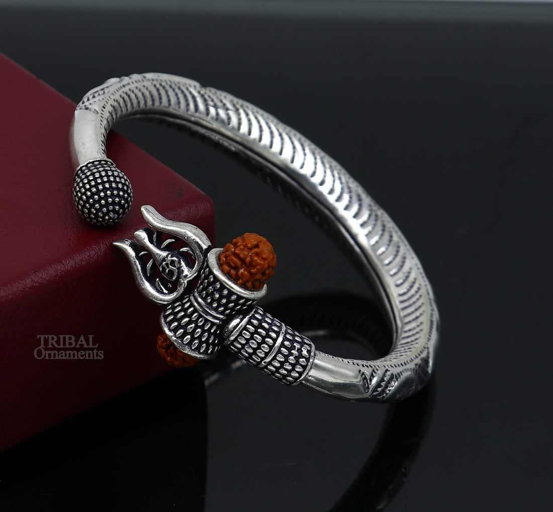 Exclusive 925 Sterling silver handmade chitai work Lord Shiva trident trishul bangle bracelet natural Rudraksha beads customized kada nsk441 - TRIBAL ORNAMENTS