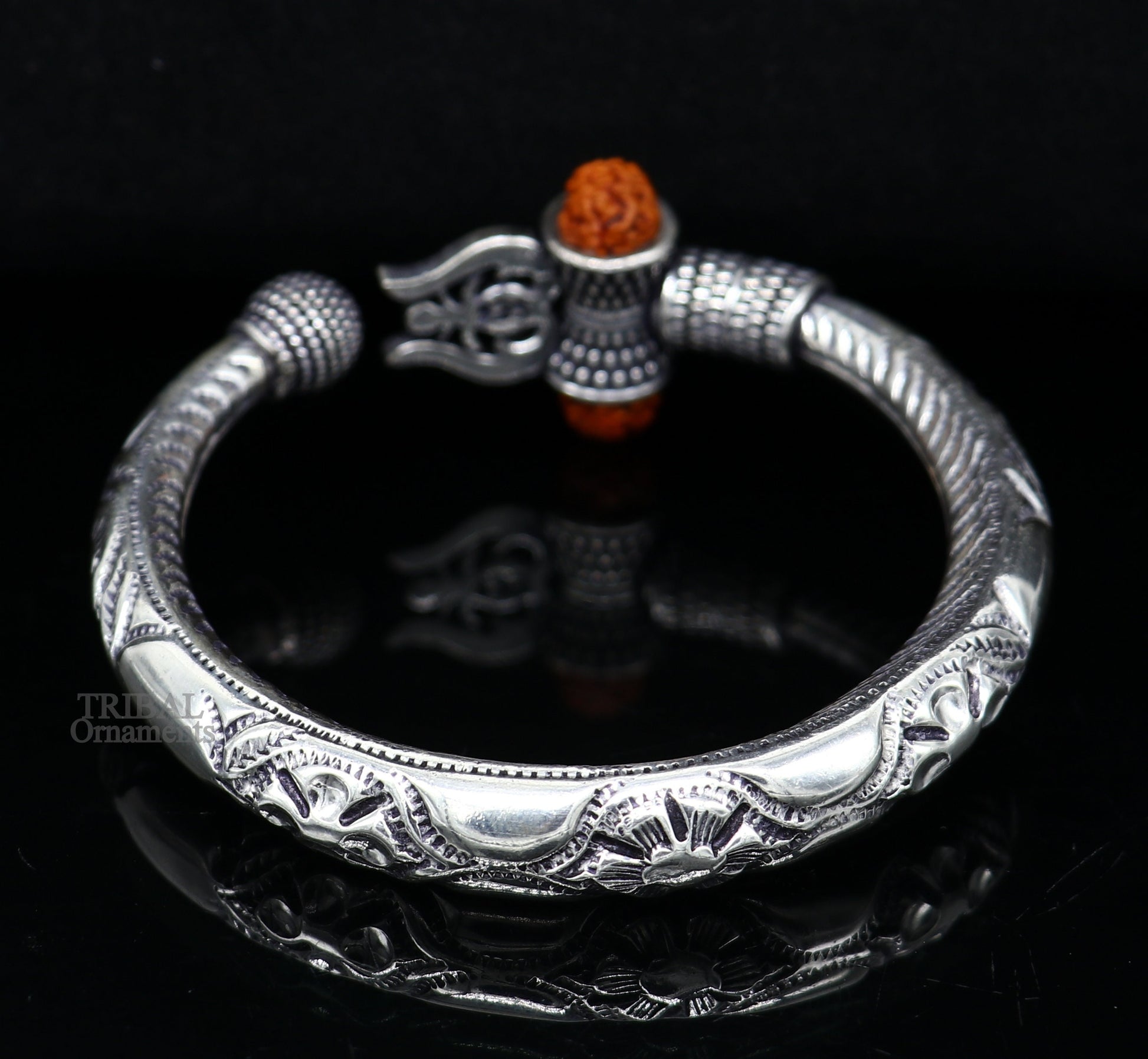 Exclusive 925 Sterling silver handmade chitai work Lord Shiva trident trishul bangle bracelet natural Rudraksha beads customized kada nsk441 - TRIBAL ORNAMENTS