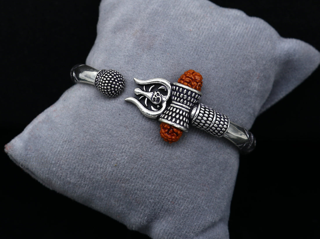 Exclusive 925 Sterling silver handmade chitai work Lord Shiva trident trishul bangle bracelet natural Rudraksha beads customized kada nsk441 - TRIBAL ORNAMENTS