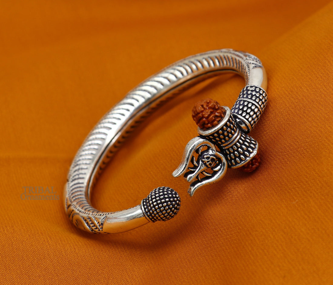 Exclusive 925 Sterling silver handmade chitai work Lord Shiva trident trishul bangle bracelet natural Rudraksha beads customized kada nsk441 - TRIBAL ORNAMENTS