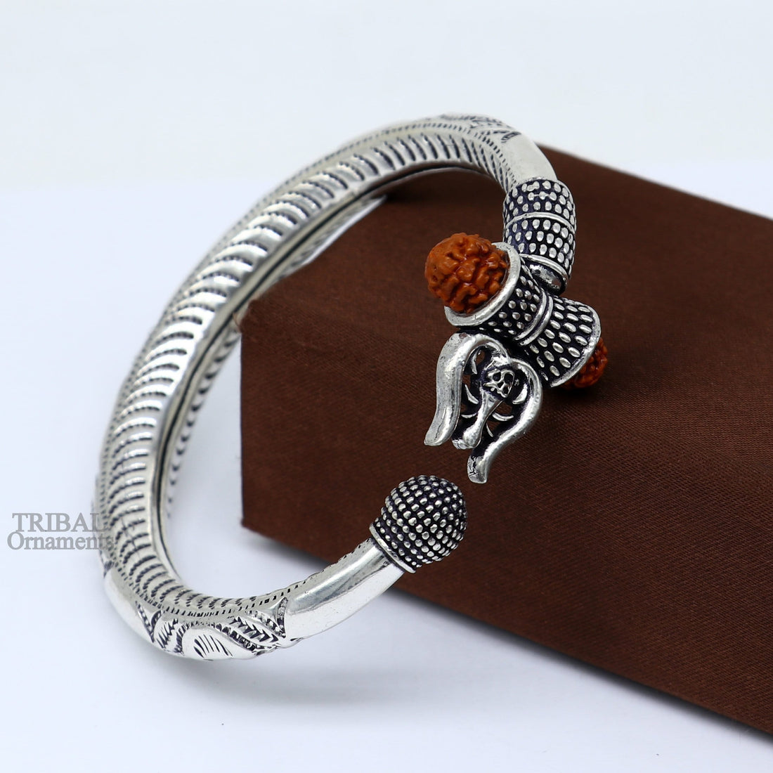 Exclusive 925 Sterling silver handmade chitai work Lord Shiva trident trishul bangle bracelet natural Rudraksha beads customized kada nsk441 - TRIBAL ORNAMENTS