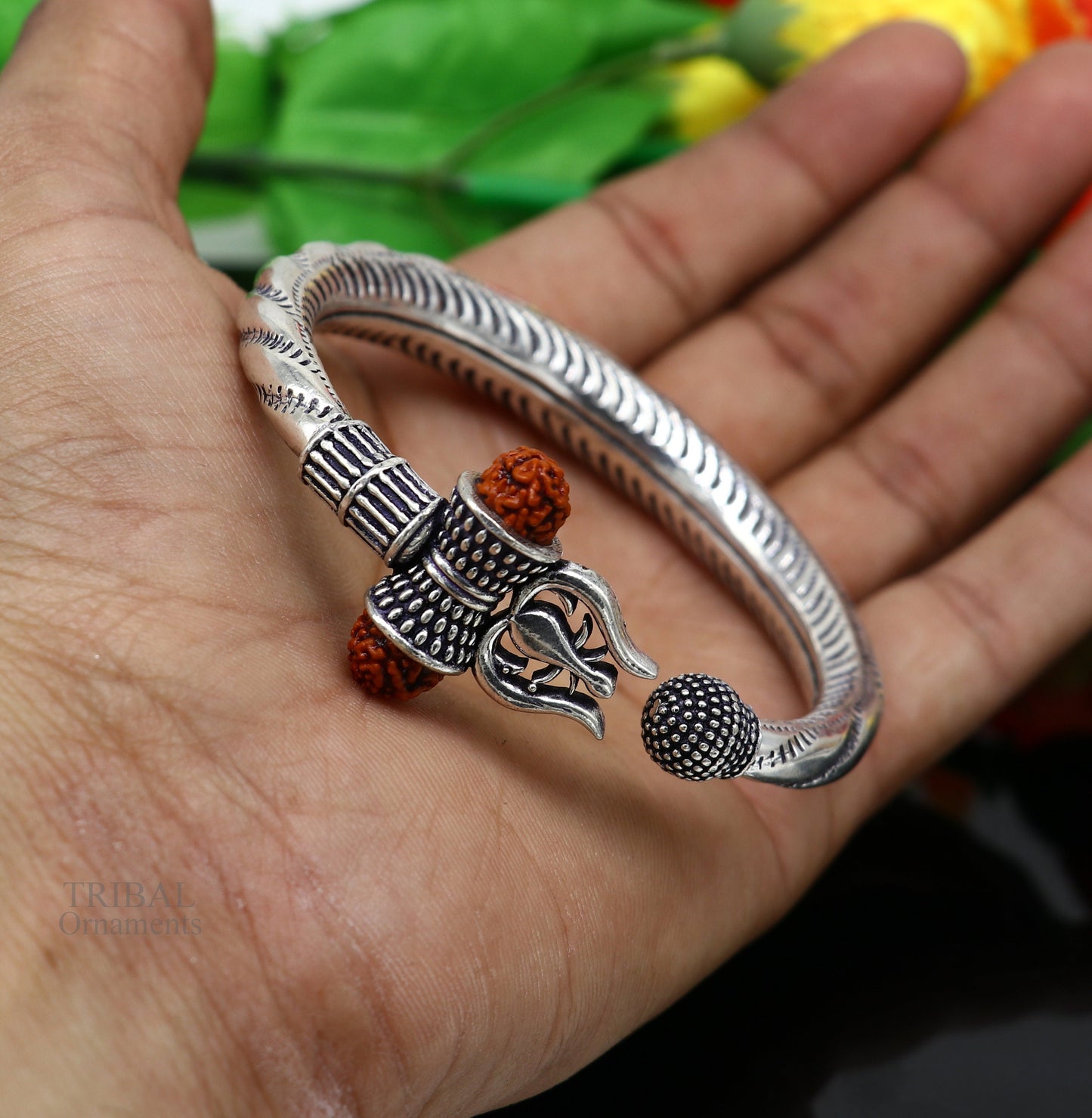 Divine 925 Sterling silver handmade chitai work Lord Shiva trident trishul bangle bracelet natural Rudraksha beads customized kada nsk442 - TRIBAL ORNAMENTS