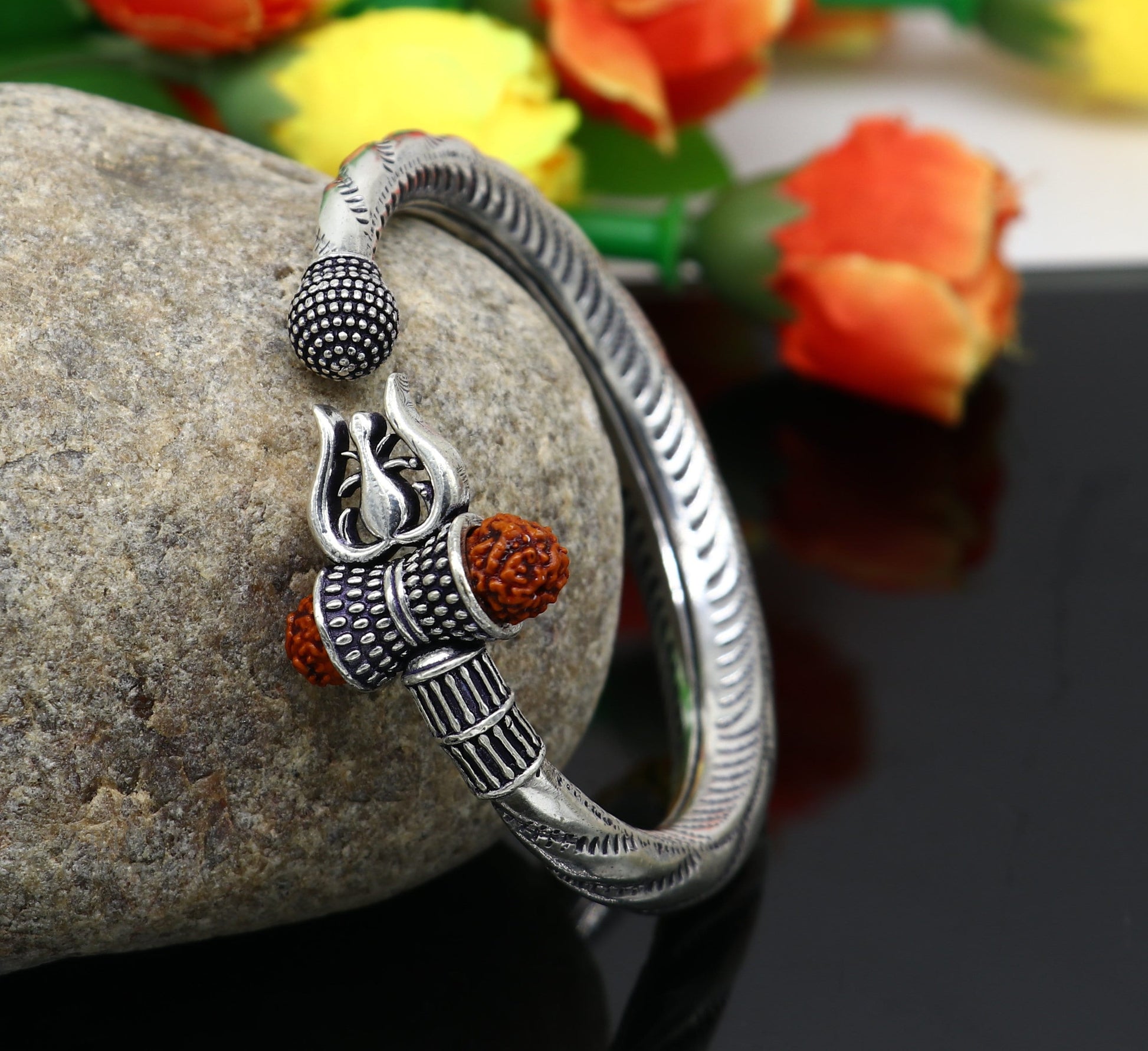 Divine 925 Sterling silver handmade chitai work Lord Shiva trident trishul bangle bracelet natural Rudraksha beads customized kada nsk442 - TRIBAL ORNAMENTS