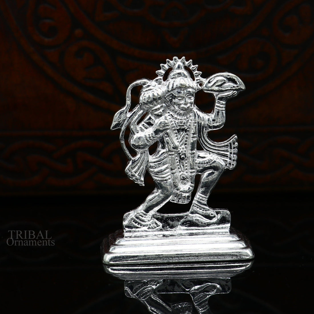 Sterling silver handmade Idols Lord Hanumaan BajaranBali flying with mountain statue figurine, puja articles decorative gift puja art485 - TRIBAL ORNAMENTS