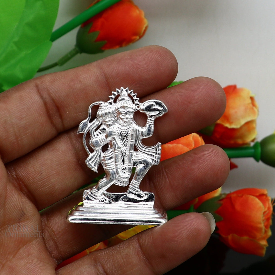 Sterling silver handmade Idols Lord Hanumaan BajaranBali flying with mountain statue figurine, puja articles decorative gift puja art485 - TRIBAL ORNAMENTS