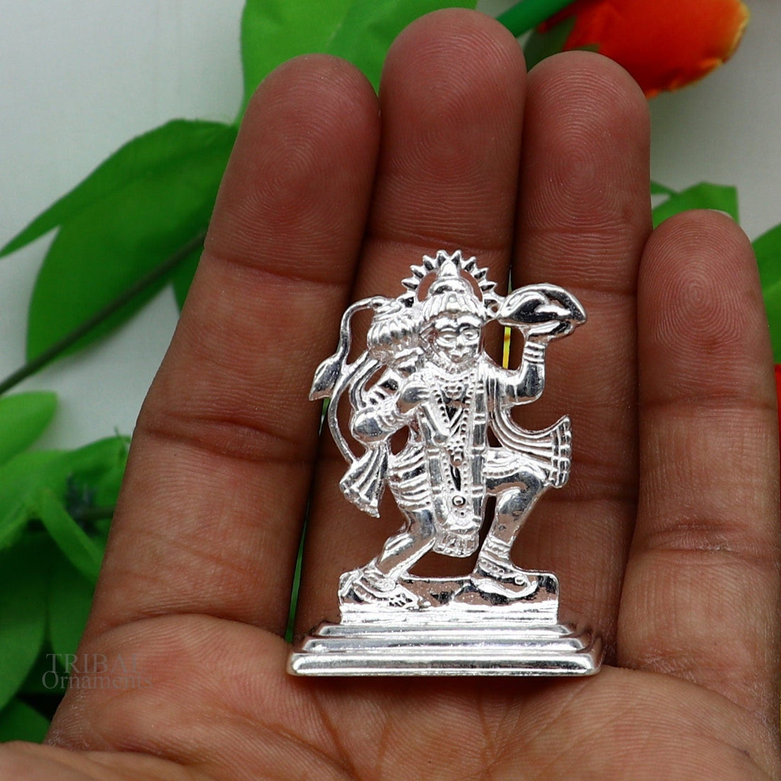 Sterling silver handmade Idols Lord Hanumaan BajaranBali flying with mountain statue figurine, puja articles decorative gift puja art485 - TRIBAL ORNAMENTS