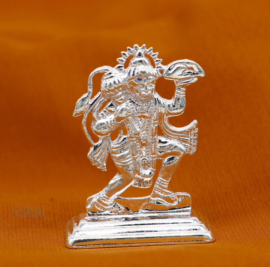 Sterling silver handmade Idols Lord Hanumaan BajaranBali flying with mountain statue figurine, puja articles decorative gift puja art485 - TRIBAL ORNAMENTS