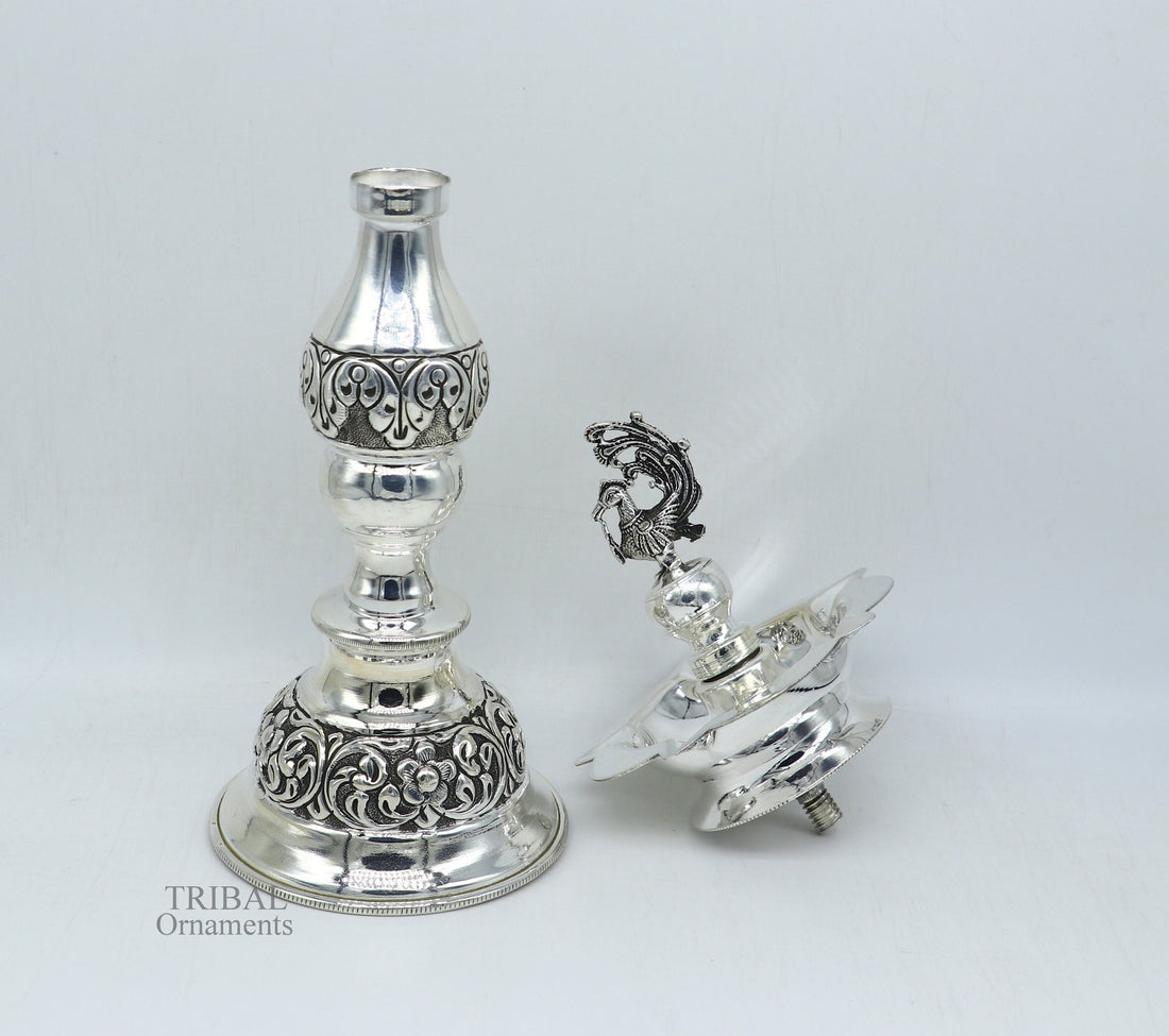 10" 925 sterling silver handcrafted vintage design Panchmukhi oil lamp, Deepak, silver puja article, silver candle stand diya figurine LMP01 - TRIBAL ORNAMENTS