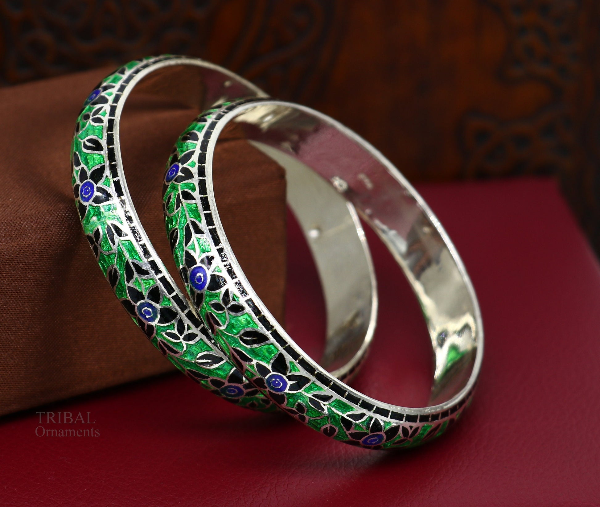 925 Sterling silver handmade color enamel Floral design dainty bangle bracelet vintage antique style jewelry best wedding gift nba278 - TRIBAL ORNAMENTS