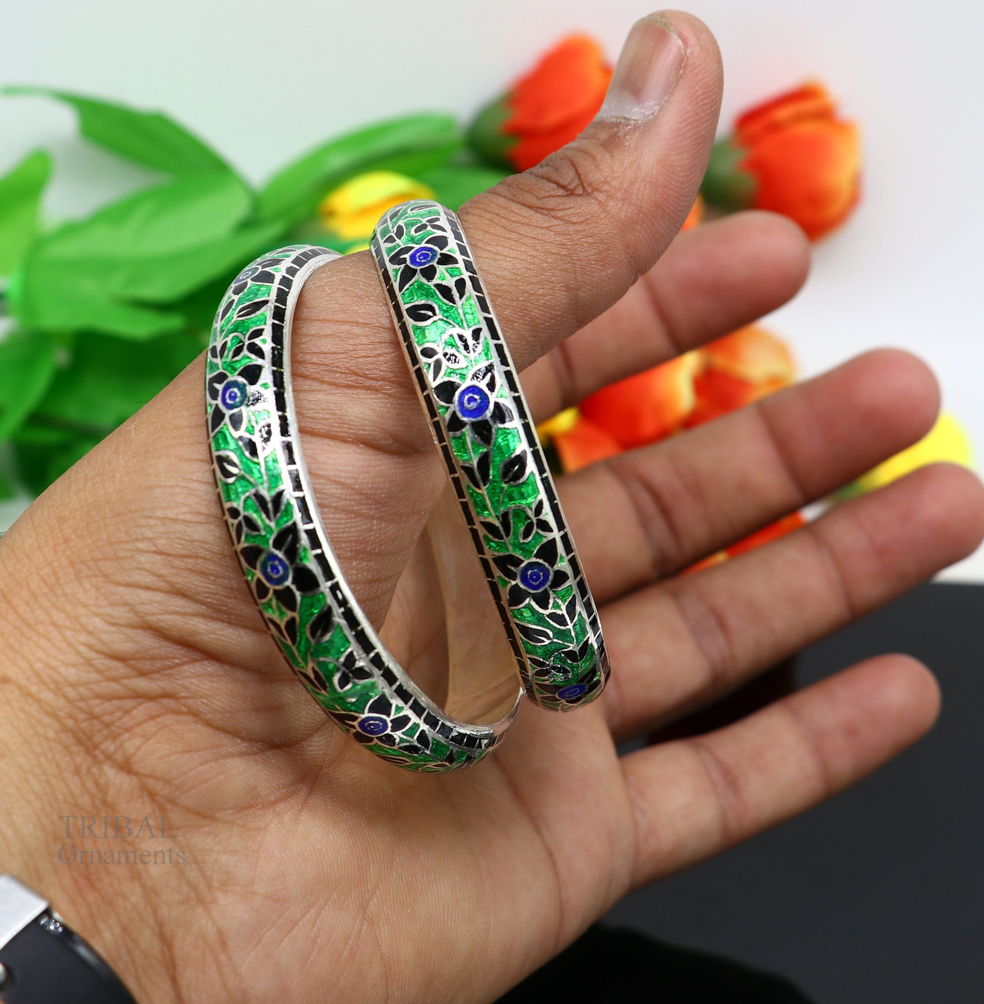 925 Sterling silver handmade color enamel Floral design dainty bangle bracelet vintage antique style jewelry best wedding gift nba278 - TRIBAL ORNAMENTS