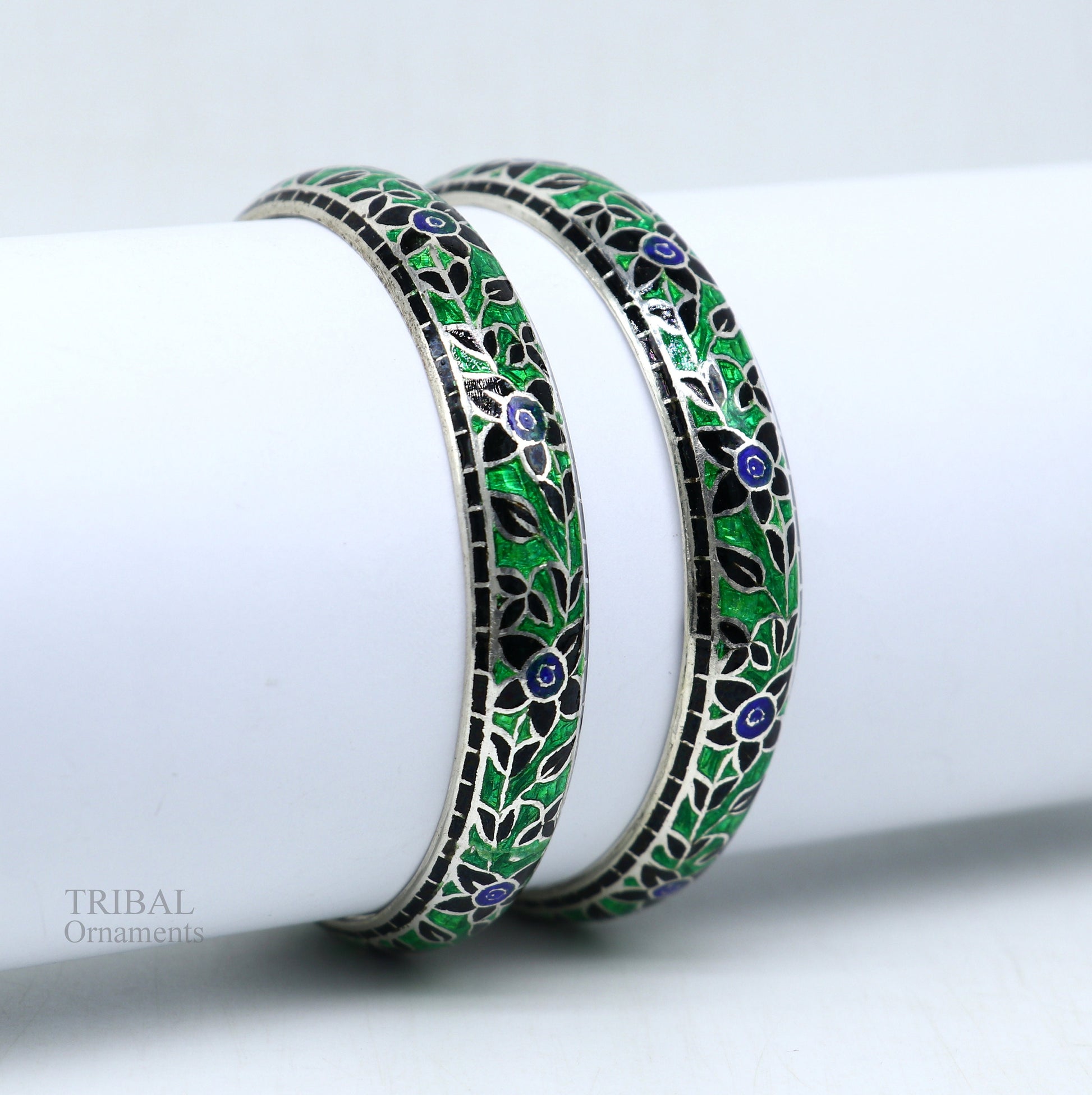 925 Sterling silver handmade color enamel Floral design dainty bangle bracelet vintage antique style jewelry best wedding gift nba278 - TRIBAL ORNAMENTS
