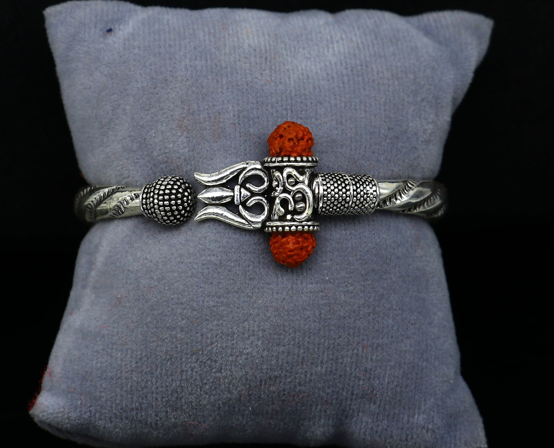 Exclusive 925 Sterling silver handmade chitai work Lord Shiva trident trishul bangle bracelet natural Rudraksha beads customized kada nsk444 - TRIBAL ORNAMENTS