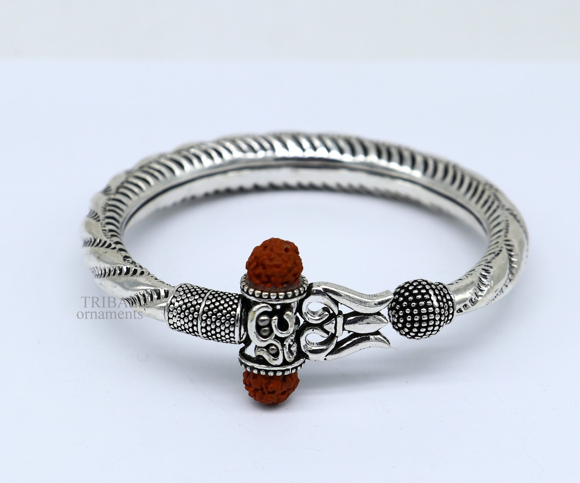 Exclusive 925 Sterling silver handmade chitai work Lord Shiva trident trishul bangle bracelet natural Rudraksha beads customized kada nsk444 - TRIBAL ORNAMENTS