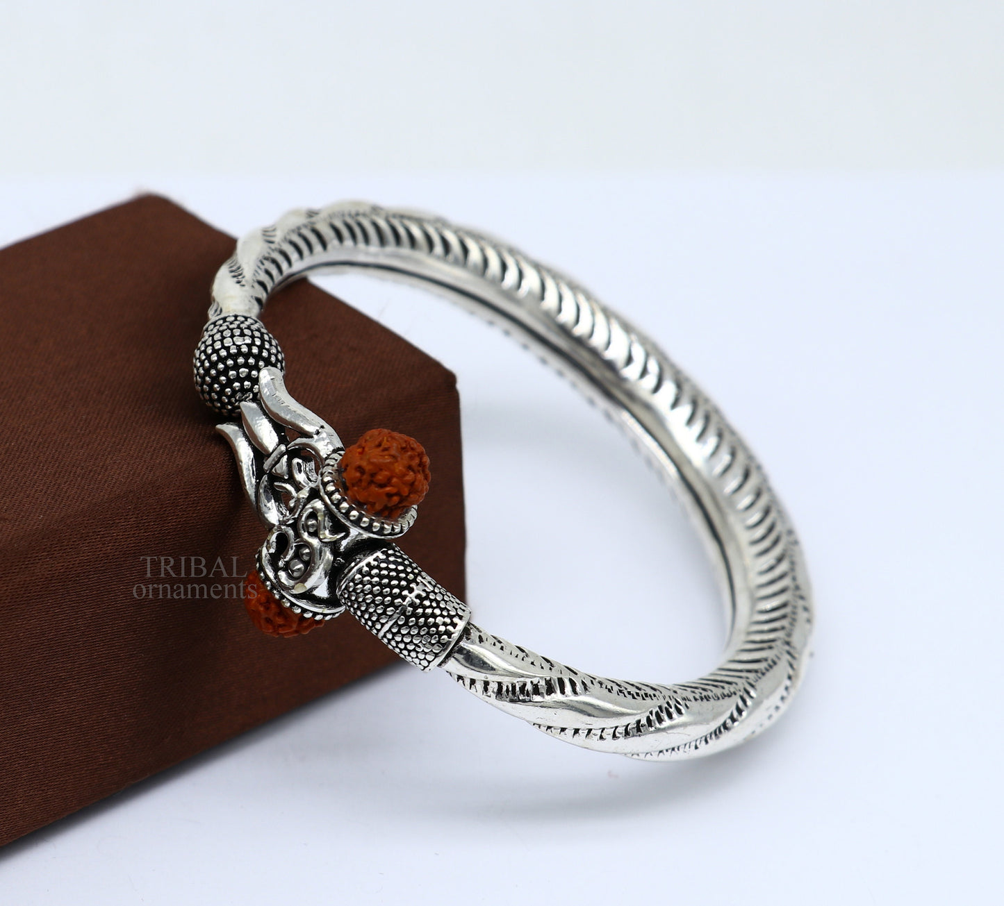 Exclusive 925 Sterling silver handmade chitai work Lord Shiva trident trishul bangle bracelet natural Rudraksha beads customized kada nsk444 - TRIBAL ORNAMENTS