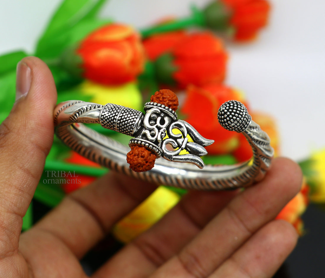 Exclusive 925 Sterling silver handmade chitai work Lord Shiva trident trishul bangle bracelet natural Rudraksha beads customized kada nsk444 - TRIBAL ORNAMENTS