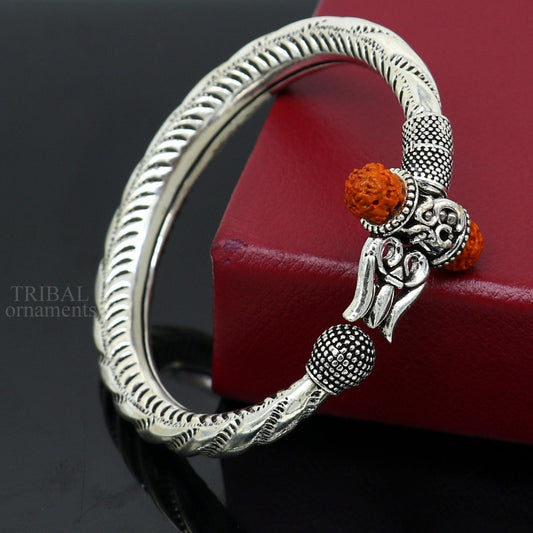 Exclusive 925 Sterling silver handmade chitai work Lord Shiva trident trishul bangle bracelet natural Rudraksha beads customized kada nsk444 - TRIBAL ORNAMENTS