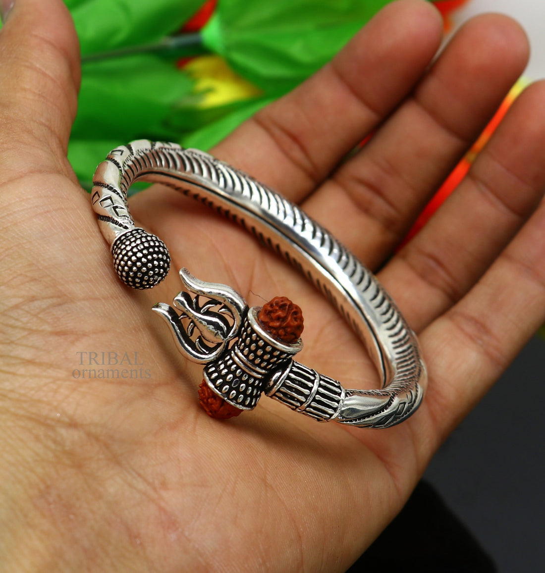 Bahubali kada 925 Sterling silver handmade Lord Shiva trident trishul bangle bracelet natural Rudraksha beads customized kada nsk447 - TRIBAL ORNAMENTS