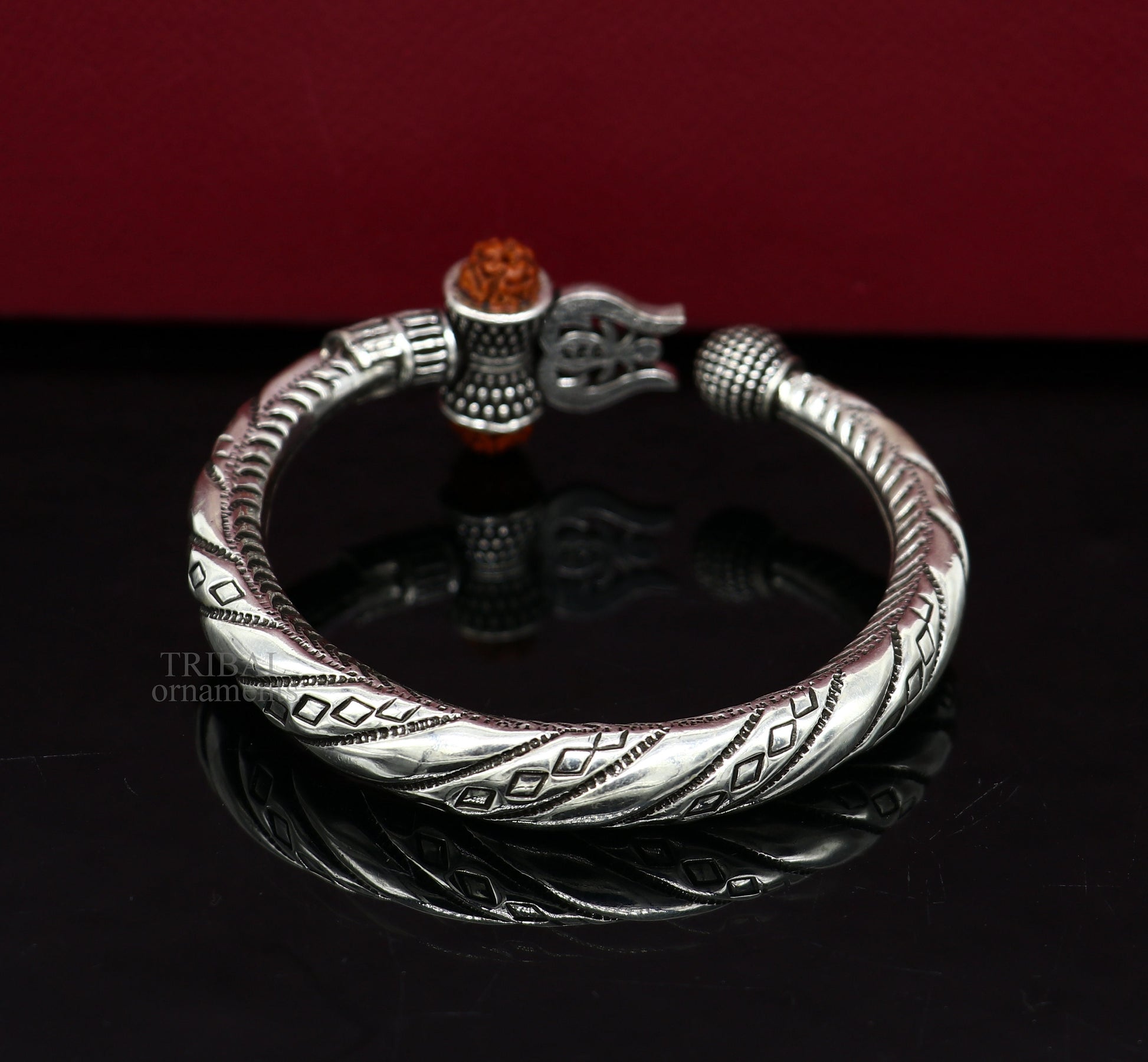 Bahubali kada 925 Sterling silver handmade Lord Shiva trident trishul bangle bracelet natural Rudraksha beads customized kada nsk447 - TRIBAL ORNAMENTS