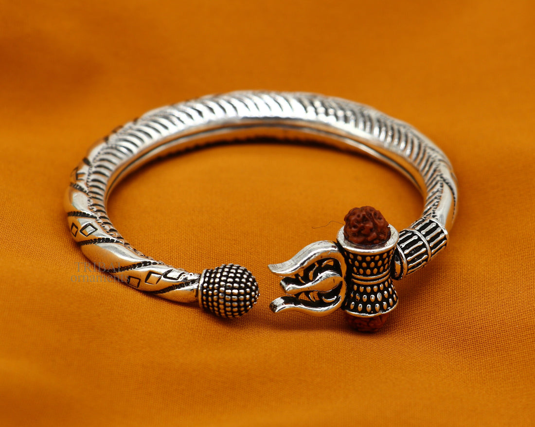 Bahubali kada 925 Sterling silver handmade Lord Shiva trident trishul bangle bracelet natural Rudraksha beads customized kada nsk447 - TRIBAL ORNAMENTS